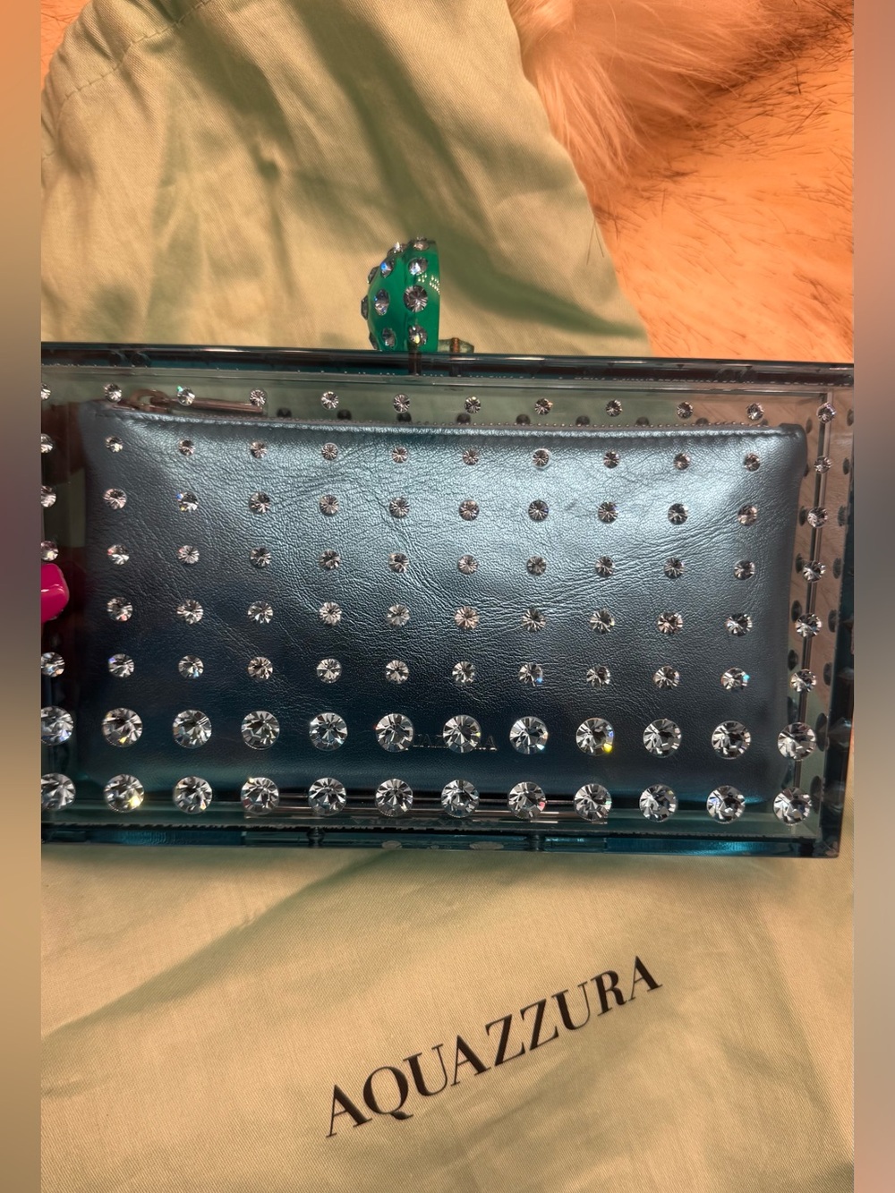 Aquazzura Teal Crystal-Embellished Box Clutch